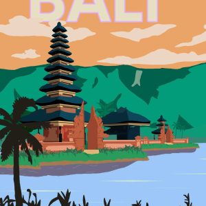 beautiful golden sunset vibes, Pura Ulun Danu Bratan Bedugul Bali Indonesia illustration with vintage style,Best concept for travel poster
